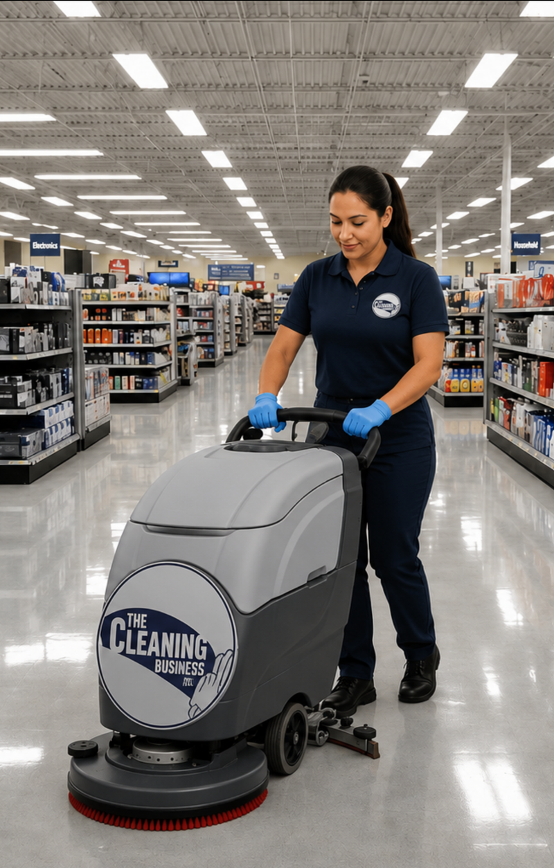 Clean and well-maintained big box retail store interior with buffer machine polishing the floor
